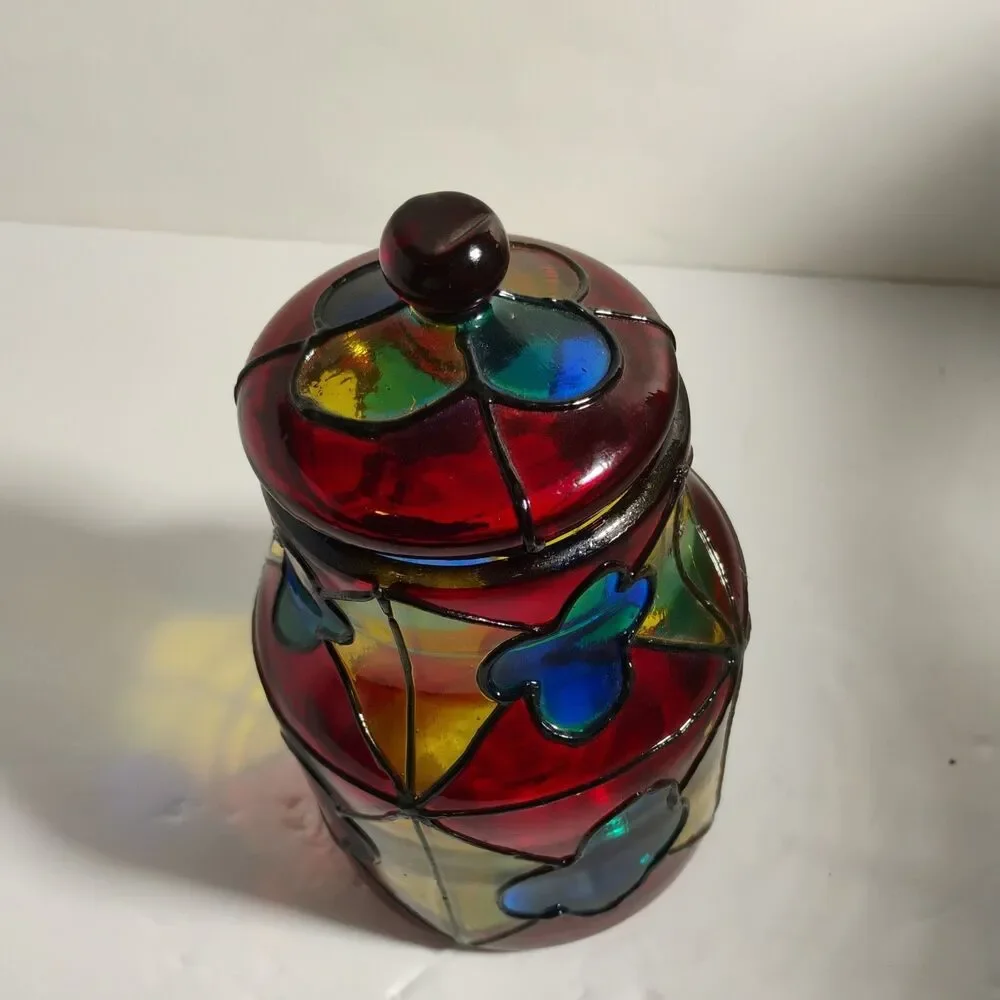 Vintage Vidrio  Stained Glass Lidded Jar, 8